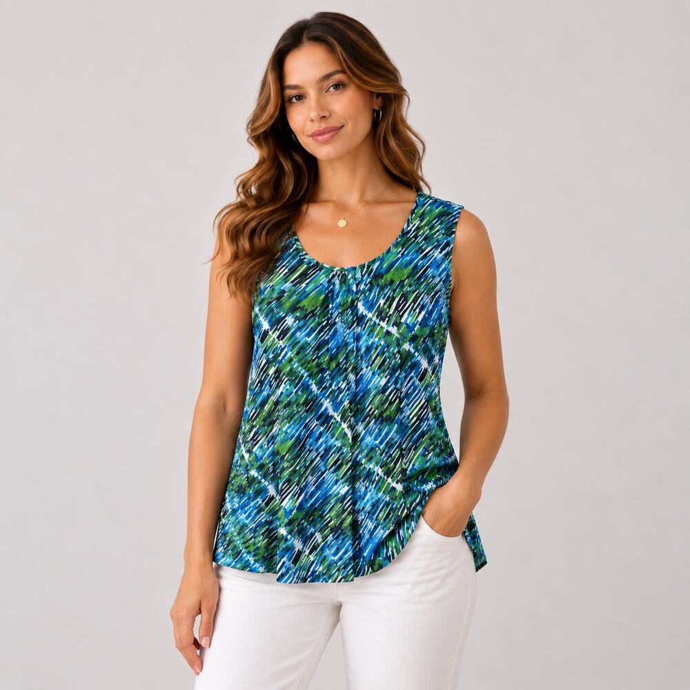 Studio Works Sleeveless Blouse Women's Size L Blue Green Summer Office Casual